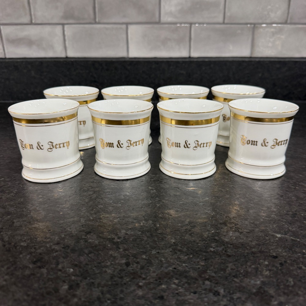 Vintage Elbogen Czechoslovakia Tom & Jerry Gold Rim Porcelain Mugs Set of 8